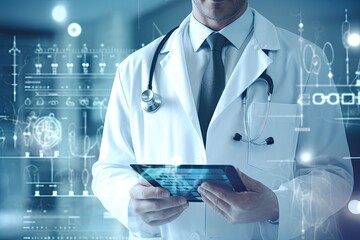 Close up of male doctor holding tablet pc with medical interface on blurry background, Medical doctor using tablet pc with medical icons on the media screen, AI Generated - Powered by Adobe