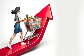 Woman Pushes Full Cart Up Indicative of Rising Inflation - obrazy, fototapety, plakaty