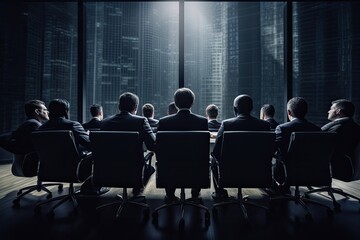 Group of business people sitting in a row at the office. Business concept, Modern business conference in a boardroom, full rear View, No visible faces, AI Generated