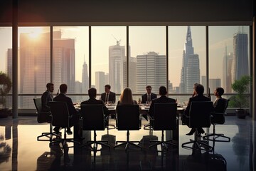 Group of business people in a meeting in a modern office with panoramic windows, Modern business conference in a boardroom, full rear View, No visible faces, AI Generated