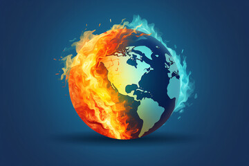 Icon of globe in fire on blue background. Global warming concept