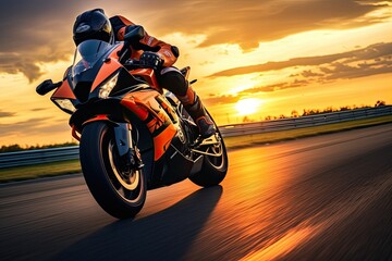 Motorcycle rider rides on the race track at sunset or sunrise, Motorcycle rider on sport bike rides fast on race track at sunset. Extreme athlete Sport Motorcycles Racing, AI Generated - obrazy, fototapety, plakaty