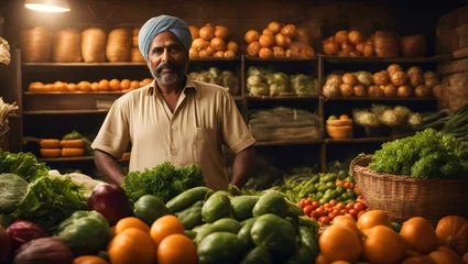 Tuinposter An Indian man selling wide variety of vegetables in his shop. © saurav005