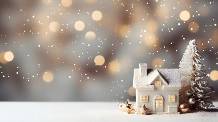 White miniature houses in row on gold background, Christmas Holiday theme, snowing, bokeh lights landscape banner