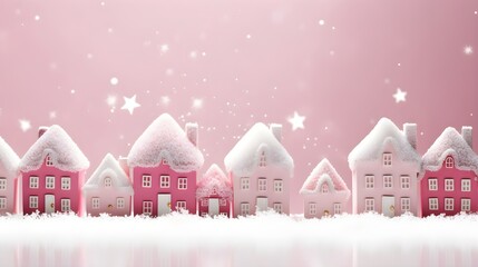 White miniature houses in row on light pastel pink background, Christmas Holiday theme, pink christmas trees snowing, bokeh lights landscape banner