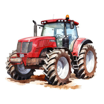 recommend clip art: A watercolor painting of a red tractor with large wheel