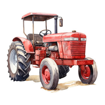recommend clip art: A watercolor painting of a red tractor with large wheel