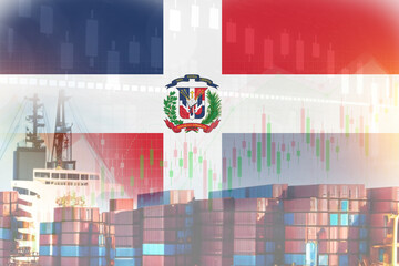 Dominican Republic flag with containers in ship. trade graph concept illustrate poster design. - obrazy, fototapety, plakaty