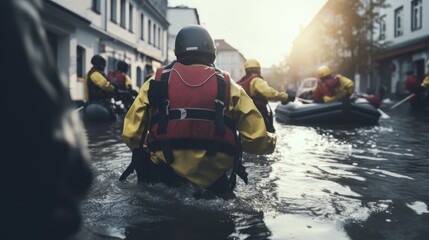 Volunteer rescuer helping people in flood victims, natural disaster, climate change.