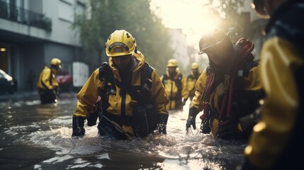 Volunteer rescuer helping people in flood victims, natural disaster, climate change. - obrazy, fototapety, plakaty