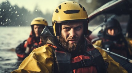 Naklejka premium Volunteer rescuer helping people in flood victims, natural disaster, climate change.