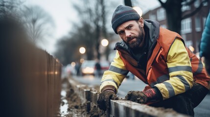 Volunteer man build barriers to prevent flooding, Protecting the city , Flood protection.