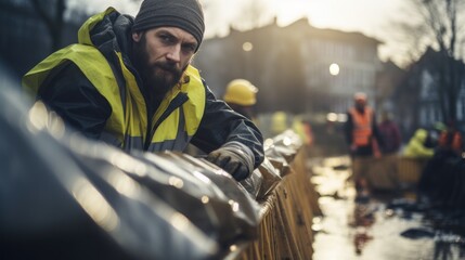 Volunteer man build barriers to prevent flooding, Protecting the city , Flood protection.