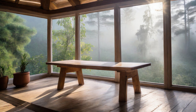 Wooden table stands in a room of natural light front of a large window, a view of trees is visible with a faint mist. High quality photo