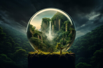 Abstract Landscape in a Bubble, Jungle, Waterfall