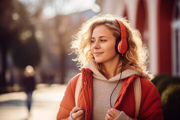 Lifestyle, hobbies and leisure, technology concept. Beautiful woman with headphones walking in park during autumn and listening music. Sunny fall day