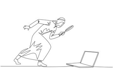 Continuous one line drawing Arabian businessman holding magnifying glass looking at laptop computer. Confused a programmer facing the bugs in the application he made. Single line draw design vector