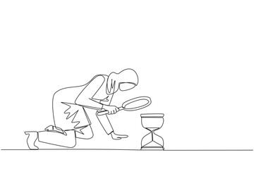 Single one line drawing Arabian businesswoman holding magnifying glass looking at hourglass. Businesswoman lack of time to running a business. Bad time management. Continuous line graphic illustration