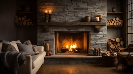 a cozy fireplace with stonewall