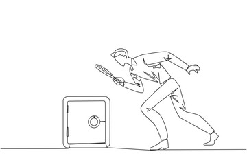 Single continuous line drawing businessman holding magnifying glass highlighting safe deposit box. Finding for the best place of protection to save important data. One line design vector illustration