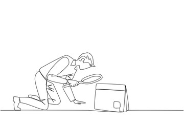 Continuous one line drawing businessman holding magnifying glass looking at desk calendar. He made plans to take time off and vacation at the end of the year. Single line design vector illustration