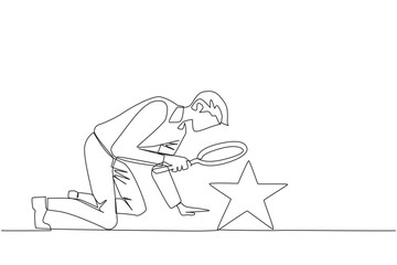 Single continuous line drawing of businessman holds magnifying glass highlighting stars. The high star is the ultimate goal of the business level. Reach dreams. One line design vector illustration