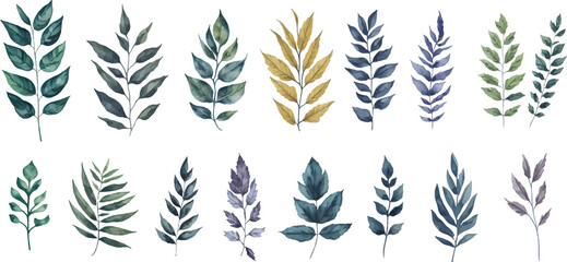Naklejka premium Collection of Watercolor Greenery Plant Branch Leaves Twigs Herbs Illustration. Set of Watercolor Botanical Floral Design For Wedding Invitation Card Frame Wreath Print Fabric or Background. 