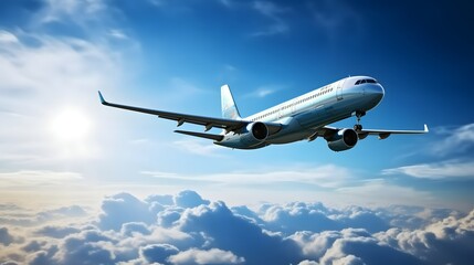 Fototapeta na wymiar Airplane flying in the air with sunlight shining in blue sky background. Travel journey and Wanderlust transportation concept