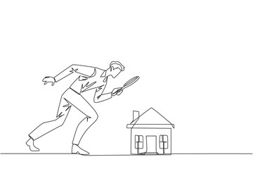 Single one line drawing of young businessman holding magnifying glass looking at miniature house. Get ready to make passive income after viewing a house. Continuous line design graphic illustration