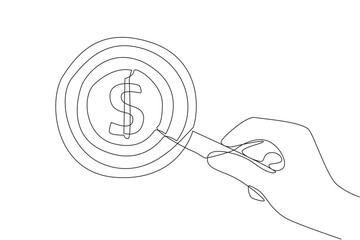 Single continuous line drawing of big hand holding magnifying glass highlights a dollar coin. Collecting coin by coin, innovation in business to earn more coins. One line design vector illustration