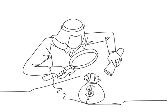 Single one line drawing of Arabian businessman holds a magnifier and flashlight, then checks the money bag. Investigate money bag ownership. Style like detective. Continuous line graphic illustration