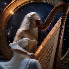 A cosmic minstrel, strumming a harp of stardust, composing symphonies of light in the cosmic void4 - obrazy, fototapety, plakaty