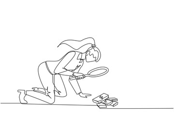 Single one line drawing of businesswoman looked down examining piles of banknotes with magnifiers. Businesswoman who know the rules, don't take what doesn't belong. Continuous line design illustration