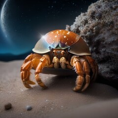 A luminous, crystalline hermit crab, carrying its starry shell as it roams the lunar landscape3
