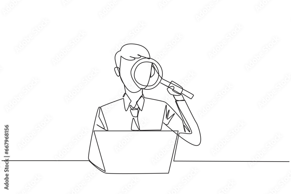 Wall mural single continuous line drawing of businessman is typing in front of a laptop computer holding a magn