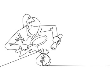 Continuous one line drawing businesswoman holds magnifier and flashlight, then checks the money bag. Investigate money bag ownership. Style like detective. Single line draw design vector illustration