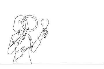 Single continuous line drawing of businesswoman inspects the lightbulb she holds with a magnifier. Analyze existing ideas and select them for new business needs. One line design vector illustration