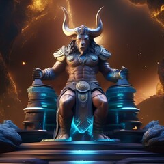 A radiant, cosmic minotaur with a labyrinthine lair amidst the asteroids of an astral maze4 - obrazy, fototapety, plakaty