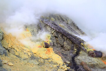 Kawah Ijen volcano (sulfur mine) at Ijen Geopark in the east Java Island, Indonesia 