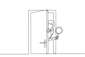 Single one line drawing businesswoman came out from behind the door holding a magnifier. Invite business partners to join so that the business is stronger. Continuous line design graphic illustration