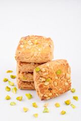 Closeup of pistachio cookies isolated on white background