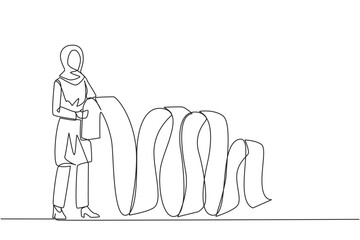 Single continuous line drawing Arabian businesswoman held long billing paper with both hands. Worry about spending a lot of money because of large number of bill. One line design vector illustration
