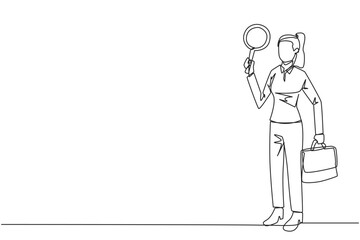Single continuous line drawing businesswoman holds the magnifier in right hand while in left hand holds a briefcase. Businesswoman who offer cooperation proposals. One line design vector illustration