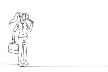Single one line drawing of businesswoman stood holding magnifier and the other holding briefcase. Look for the smallest possible opportunities for profit that can be exploited. Continuous line design