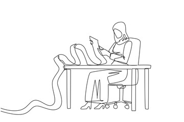 Continuous one line drawing Arabian businesswoman sitting in work chair holding roll of billing paper. Monthly recurring bill payment. Employee salary bills and other payments. Single line draw vector