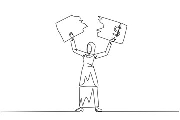 Continuous one line drawing Arabian businesswoman stood up tore off banknotes held above her head. Failed to invest, suffered a lot of losses. Business failure. Single line draw vector illustration