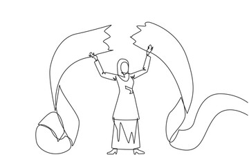 Single one line drawing Arabian businesswoman tore off billing paper held above her head. Failing to pay bills makes a businesswoman full of emotions. Failure. Continuous line graphic illustration