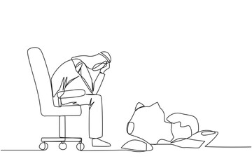 Single one line drawing of Arabian businessman sits pensively on office chair and in front is a broken piggy bank. Failing to save because have to pay large bills. Continuous line graphic illustration