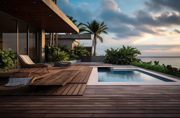 3d rendering of a terrace in the middle of a modern home with wooden deck and large pool