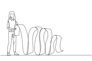 Continuous one line drawing businesswoman held long billing paper with both hands. Worry about spending a lot of money because of large number of bill. Single line draw design vector illustration